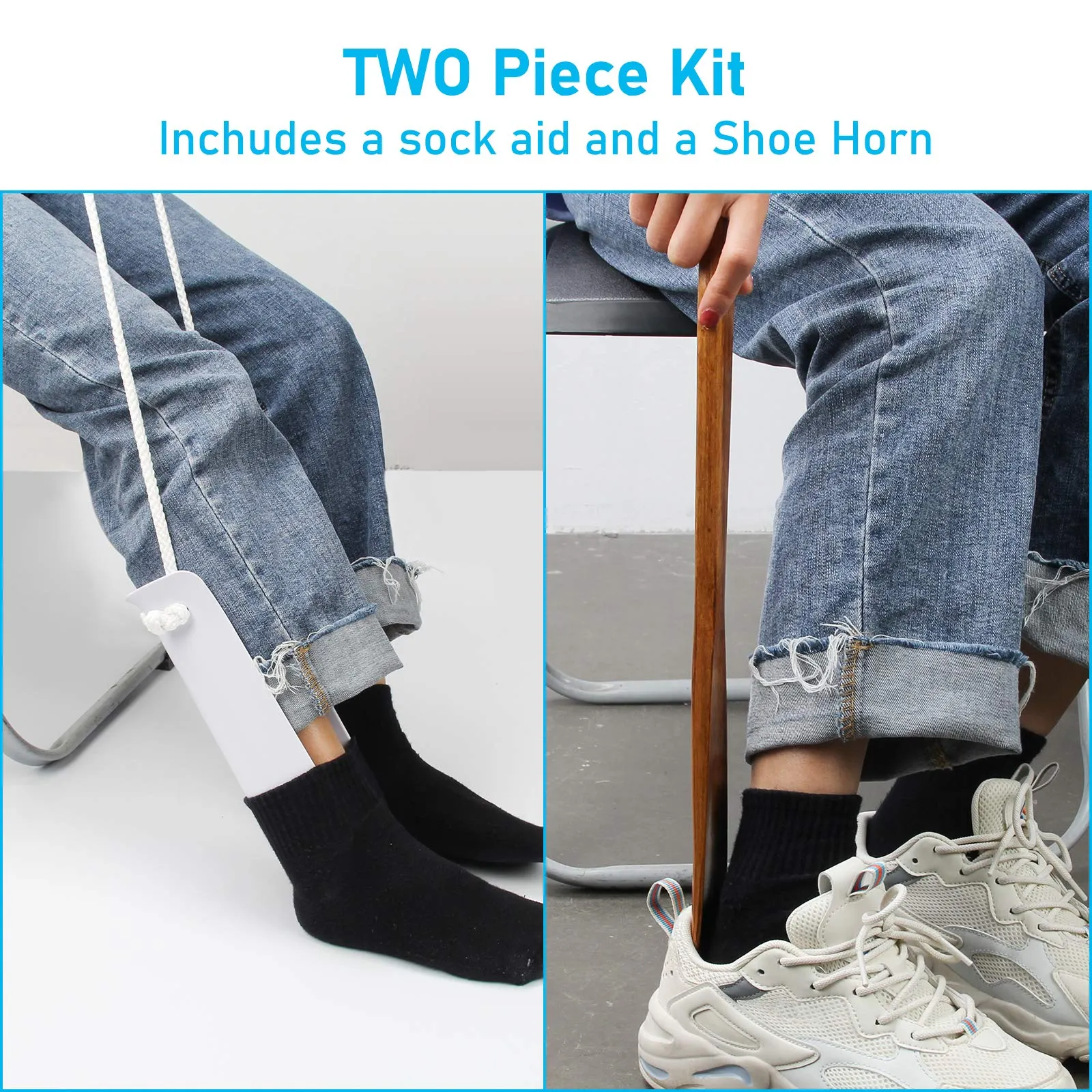 AHIER Sock Aid, Flexible Sock Aid Kit with Shoe Horn, Socks Helper Sock Puller Aid Easy On and Off, Sock Aid Assist with Foam & Shoe Horn Long Handle