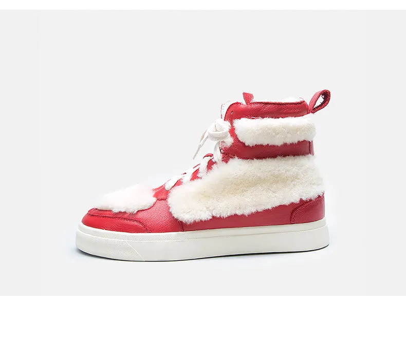 BELLALILY FAUX FUR DETAILED LEATHER TRAINERS IN RED