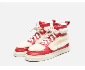 BELLALILY FAUX FUR DETAILED LEATHER TRAINERS IN RED