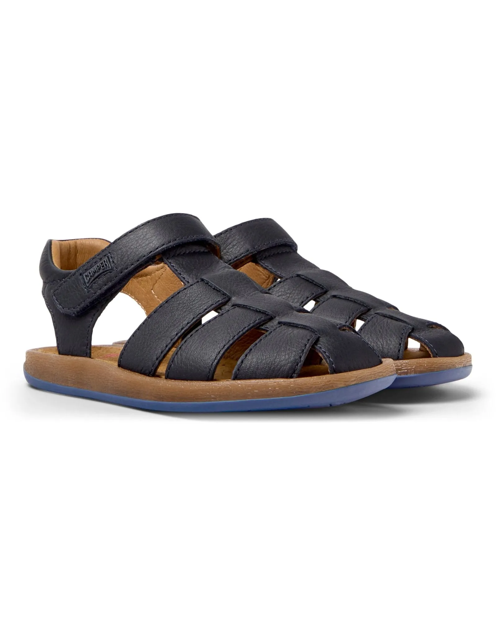 Camper: Bicho Kids Velcro Closed Toe Sandals - Navy Blue Leather