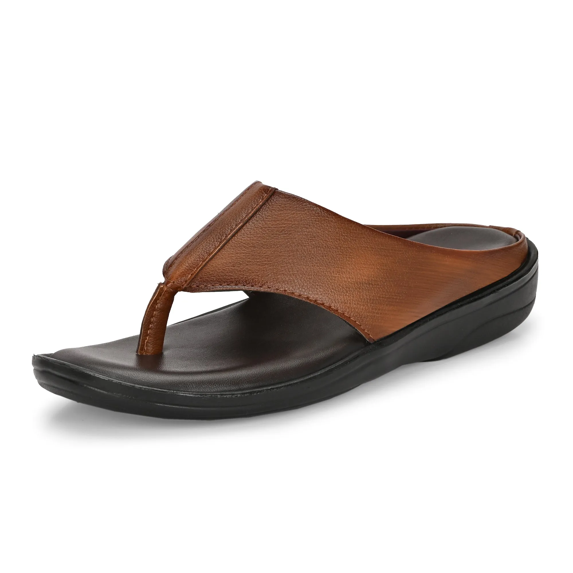 Men Tan Solid Leather Comfort Sandals/Slippers