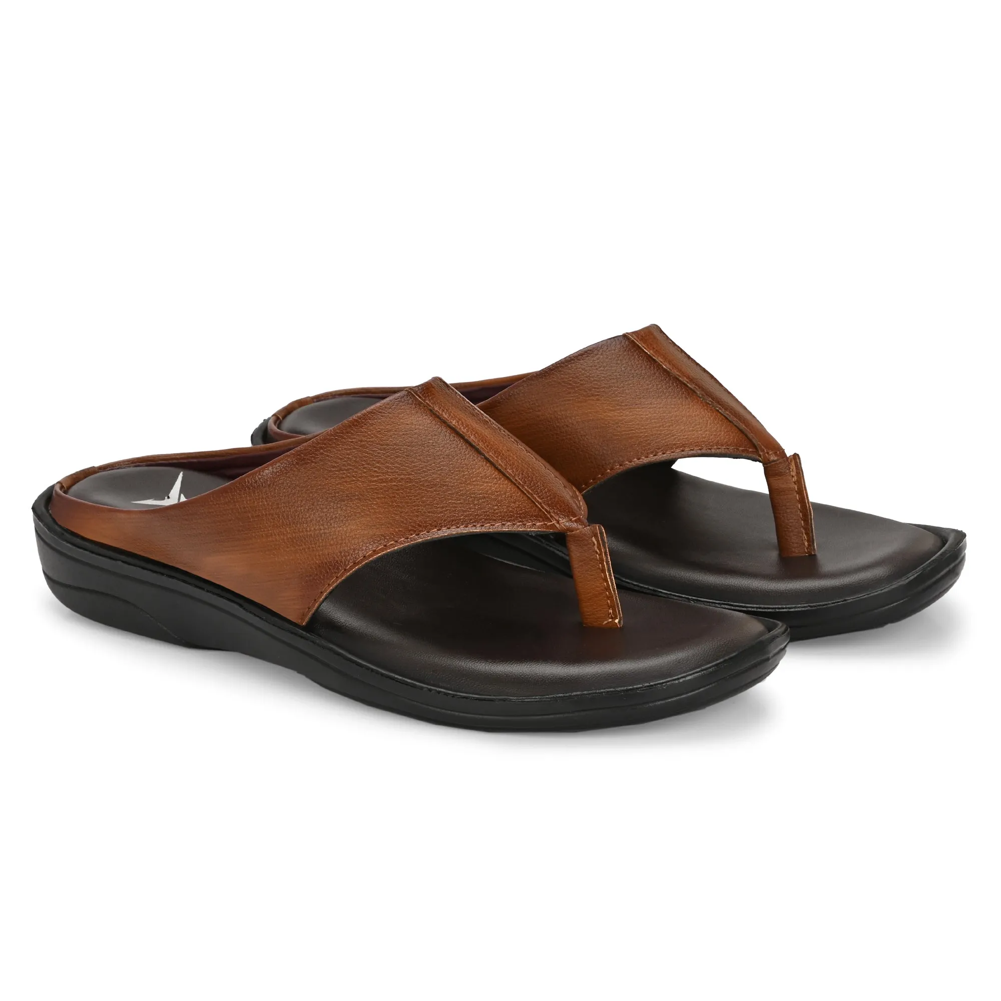 Men Tan Solid Leather Comfort Sandals/Slippers