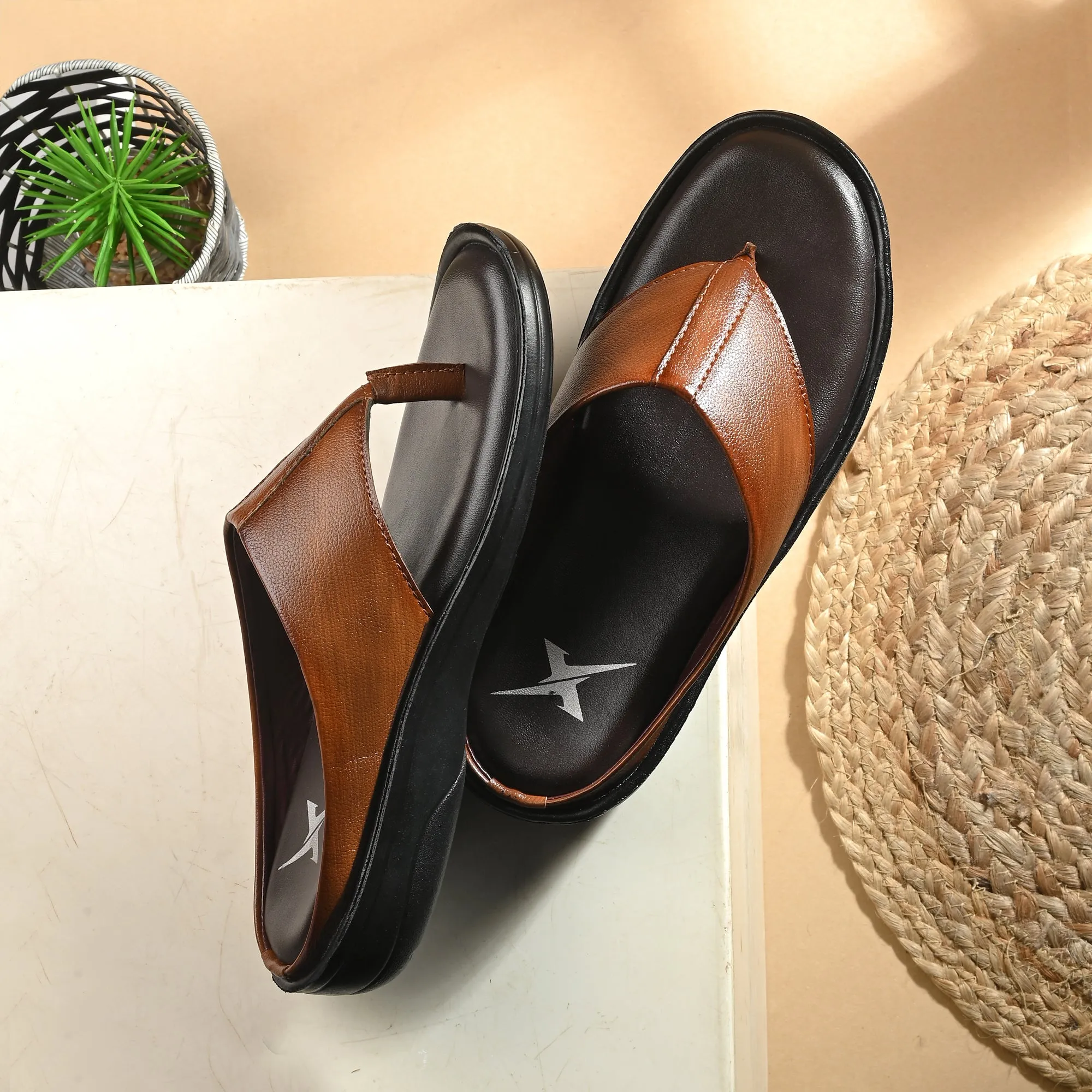 Men Tan Solid Leather Comfort Sandals/Slippers