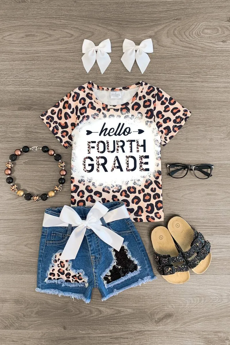 "Hello Preschool - 6th Grade" Cheetah Denim Short Set
