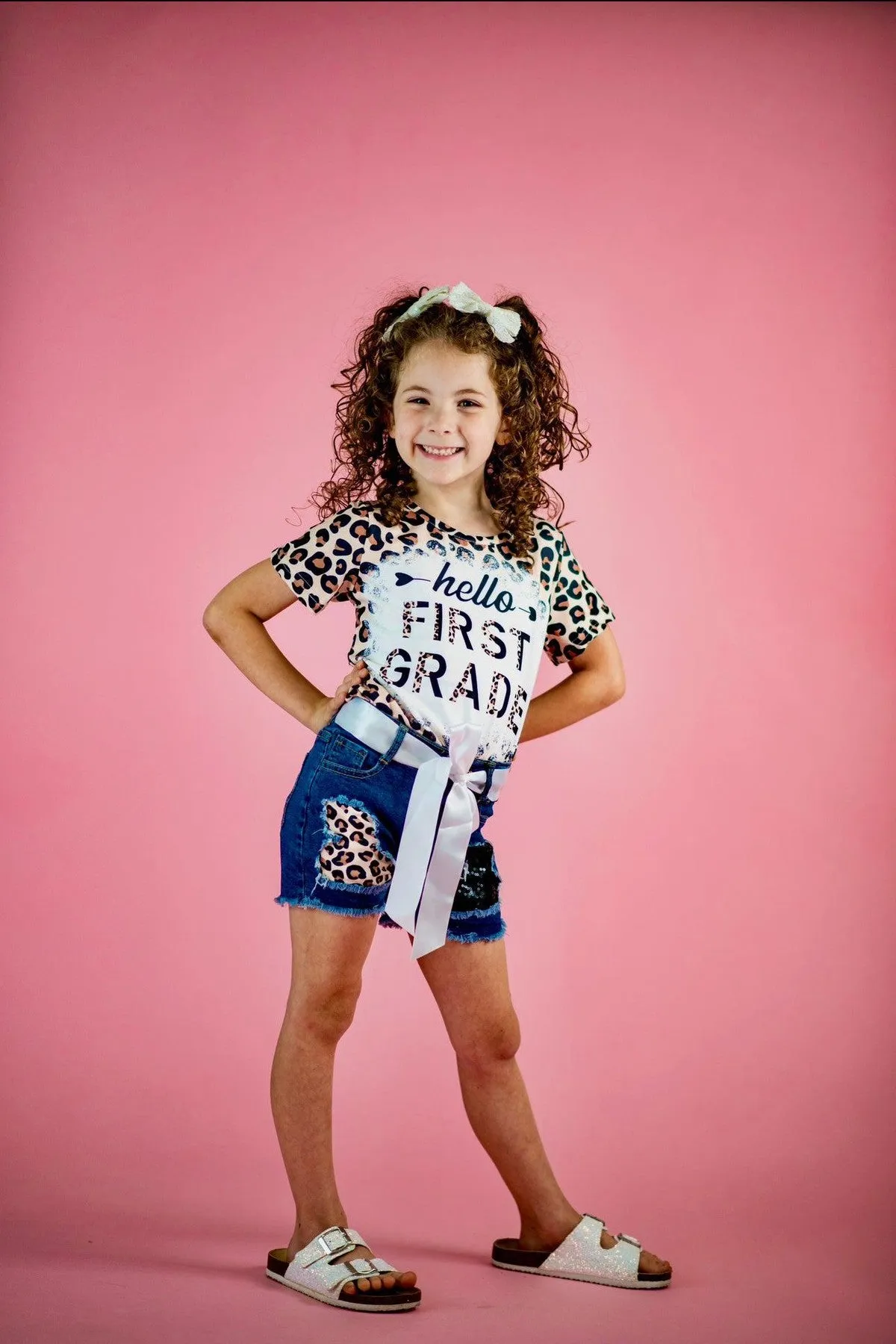 "Hello Preschool - 6th Grade" Cheetah Denim Short Set