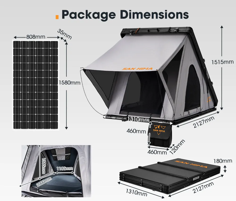 San Hima Kalbarri Roof Top Tent Hardshell With Roof Rack   250W Solar Panel